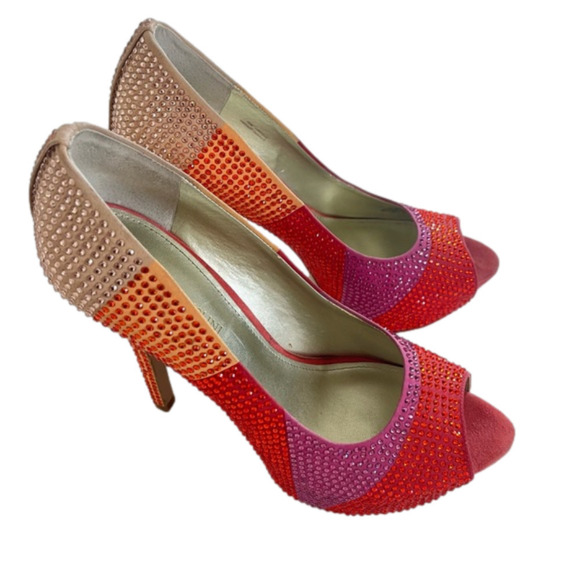 Platform Heels Enzo Angiolini 10 Barbie Peep Toe Stiletto Red Pink Orange - Picture 1 of 12